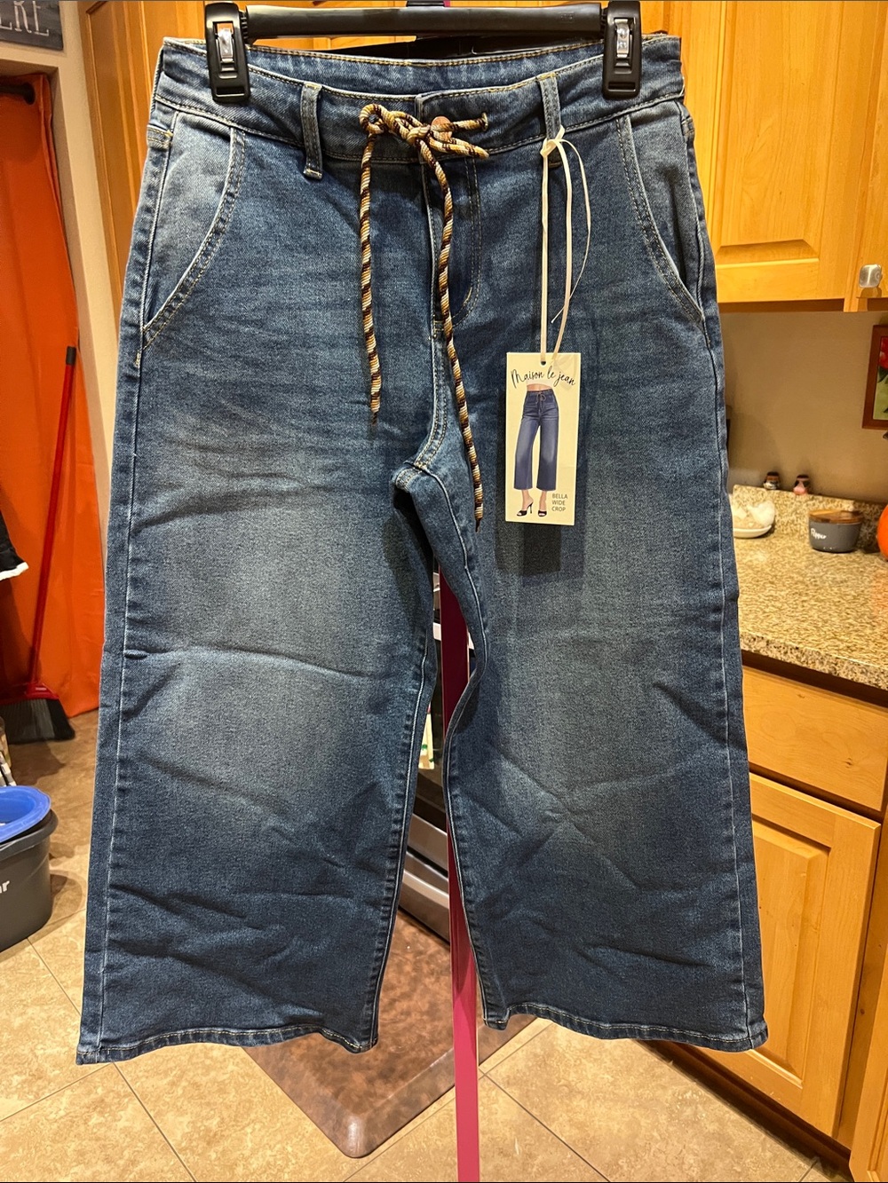 Wide-Leg Dark Blue Denim Jean Shorts with Drawstring Waist
